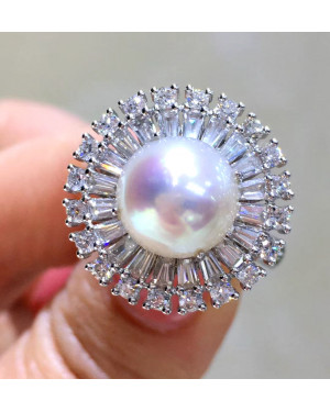 Diamond Flower & Japanese  Akoya Pearl Ring 