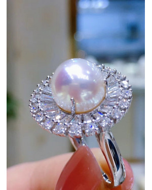 Diamond Flower & Japanese  Akoya Pearl Ring 