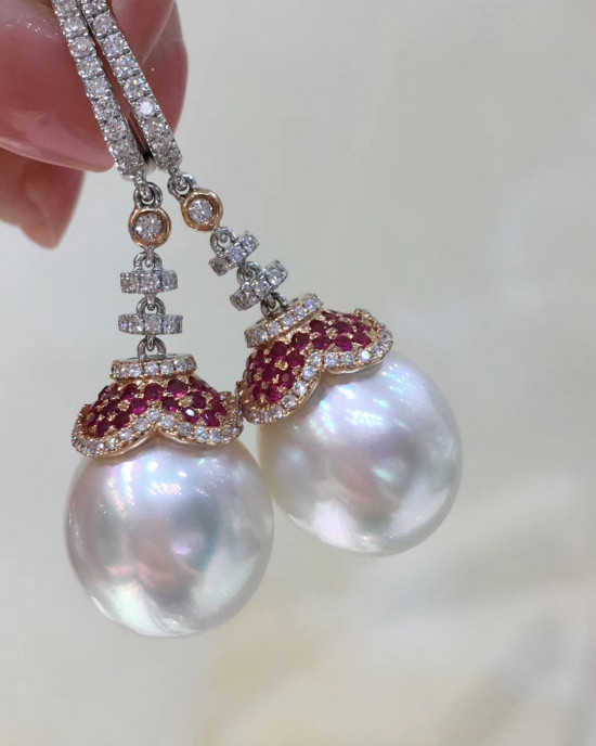 Vantage Diamond Ruby & Australia White South Sea Pearl Earrings 