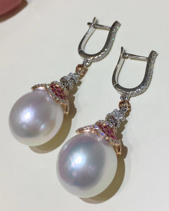 Vantage Diamond Ruby & Australia White South Sea Pearl Earrings 