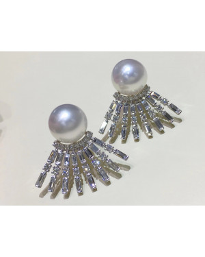 White South Sea Pearl and Dazzling Diamond Fan Earrings