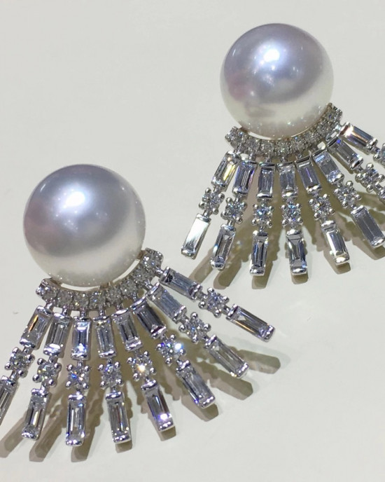 White South Sea Pearl and Dazzling Diamond Fan Earrings