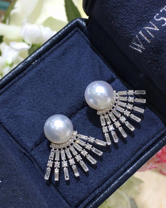 White South Sea Pearl and Dazzling Diamond Fan Earrings