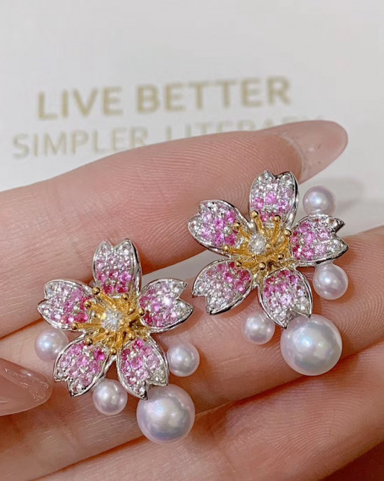 SAKURA Cherry Blossom: Akoya and Sapphire Diamond Earring