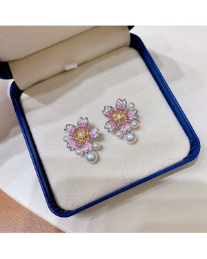 SAKURA Cherry Blossom: Akoya and Sapphire Diamond Earring