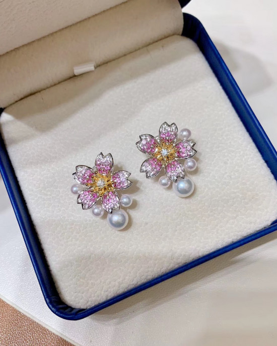 SAKURA Cherry Blossom: Akoya and Sapphire Diamond Earring