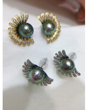 Diamond Sun Flower Tahitian Pearls Peacock Earrings  