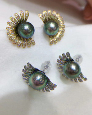 Diamond Sun Flower Tahitian Pearls Peacock Earrings  