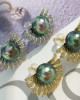 Diamond Sun Flower Tahitian Pearls Peacock Earrings  