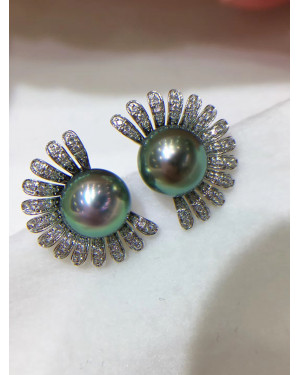 Diamond Sun Flower Tahitian Pearls Peacock Earrings  