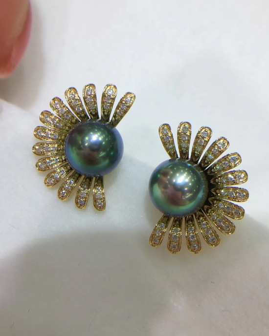 Diamond Sun Flower Tahitian Pearls Peacock Earrings  