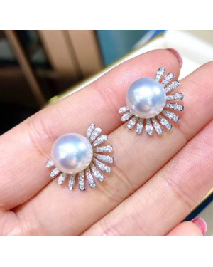 Diamond Sun Flower White South Sea Pearls Earrings