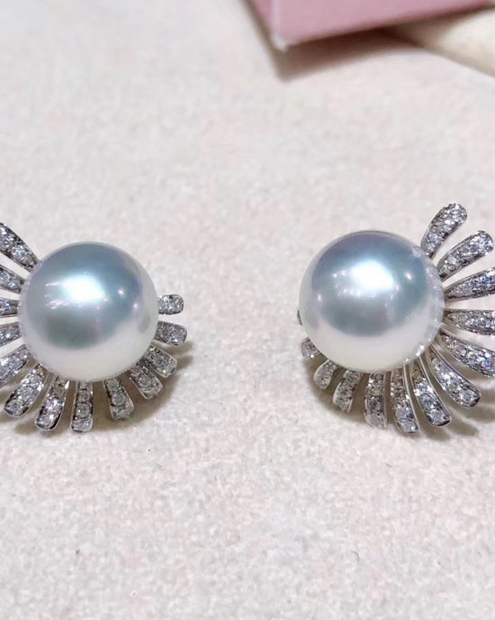 Diamond Sun Flower White South Sea Pearls Earrings