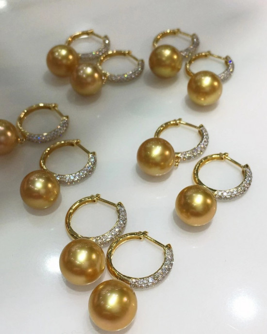 AAAA+  Intense Golden South Sea Pearls and Diamond Earrings 