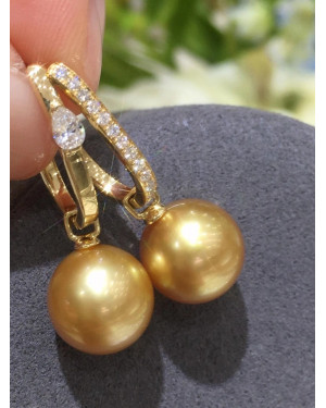 Deep Golden South Sea Pearls and Diamonds Earrings 