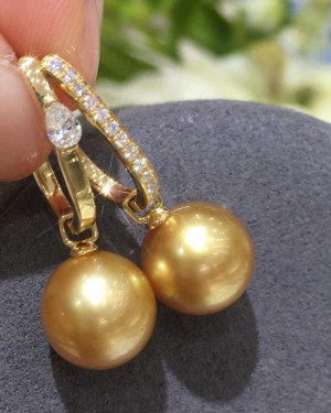 Deep Golden South Sea Pearls and Diamonds Earrings 