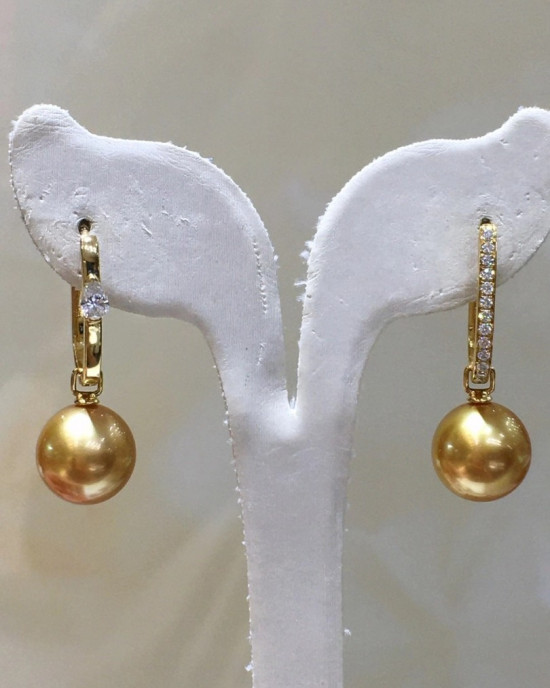 Deep Golden South Sea Pearls and Diamonds Earrings 