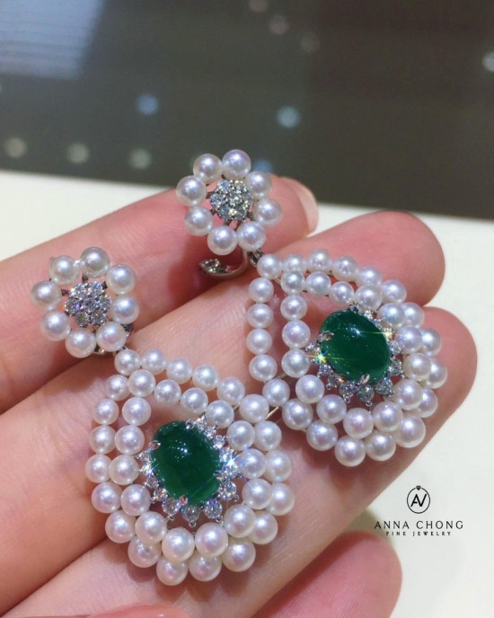 Japanese Akoya and Emerald Eiamond Earrings 