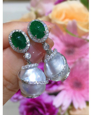 Baroque Australian White South Sea Pearls and Emerald Diamond Earrings 