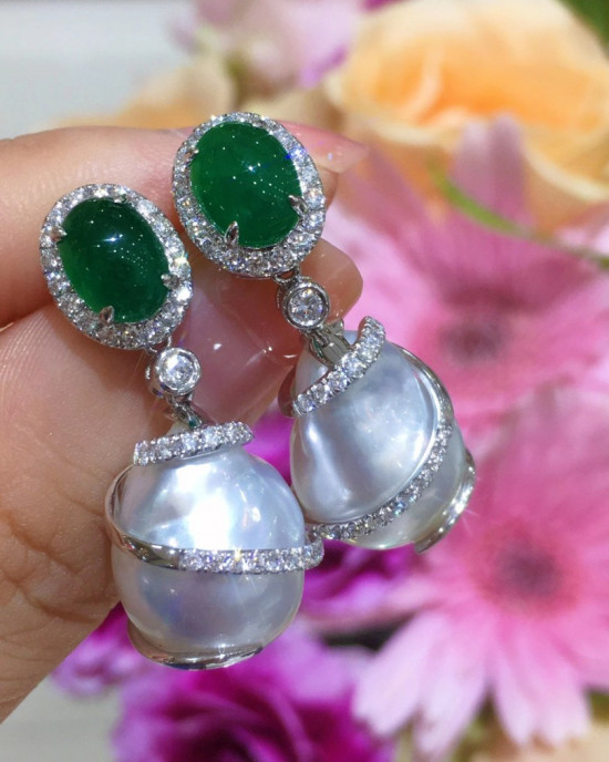 Baroque Australian White South Sea Pearls and Emerald Diamond Earrings 