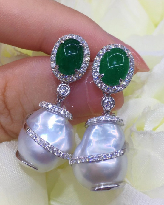 Baroque Australian White South Sea Pearls and Emerald Diamond Earrings 