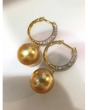 AAAA+  Intense Golden South Sea Pearls and Diamond Earrings 