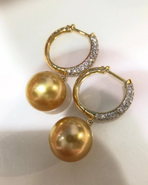 AAAA+  Intense Golden South Sea Pearls and Diamond Earrings 