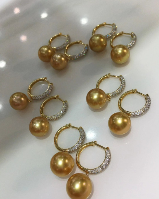 AAAA+  Intense Golden South Sea Pearls and Diamond Earrings 