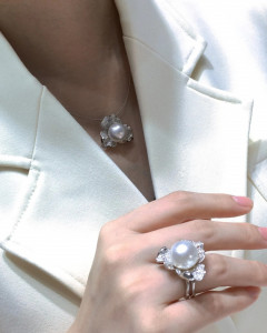 Floral White South Sea Pearl and Dazzling Diamond  Ring & Pendant