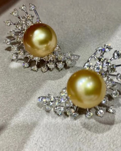 AAAA+ Golden South Sea Pearls and Diamonds Firework Earrings 