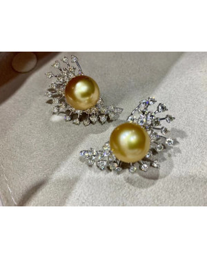 AAAA+ Golden South Sea Pearls and Diamonds Firework Earrings 