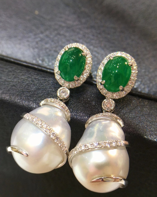 Baroque Australian White South Sea Pearls and Emerald Diamond Earrings 